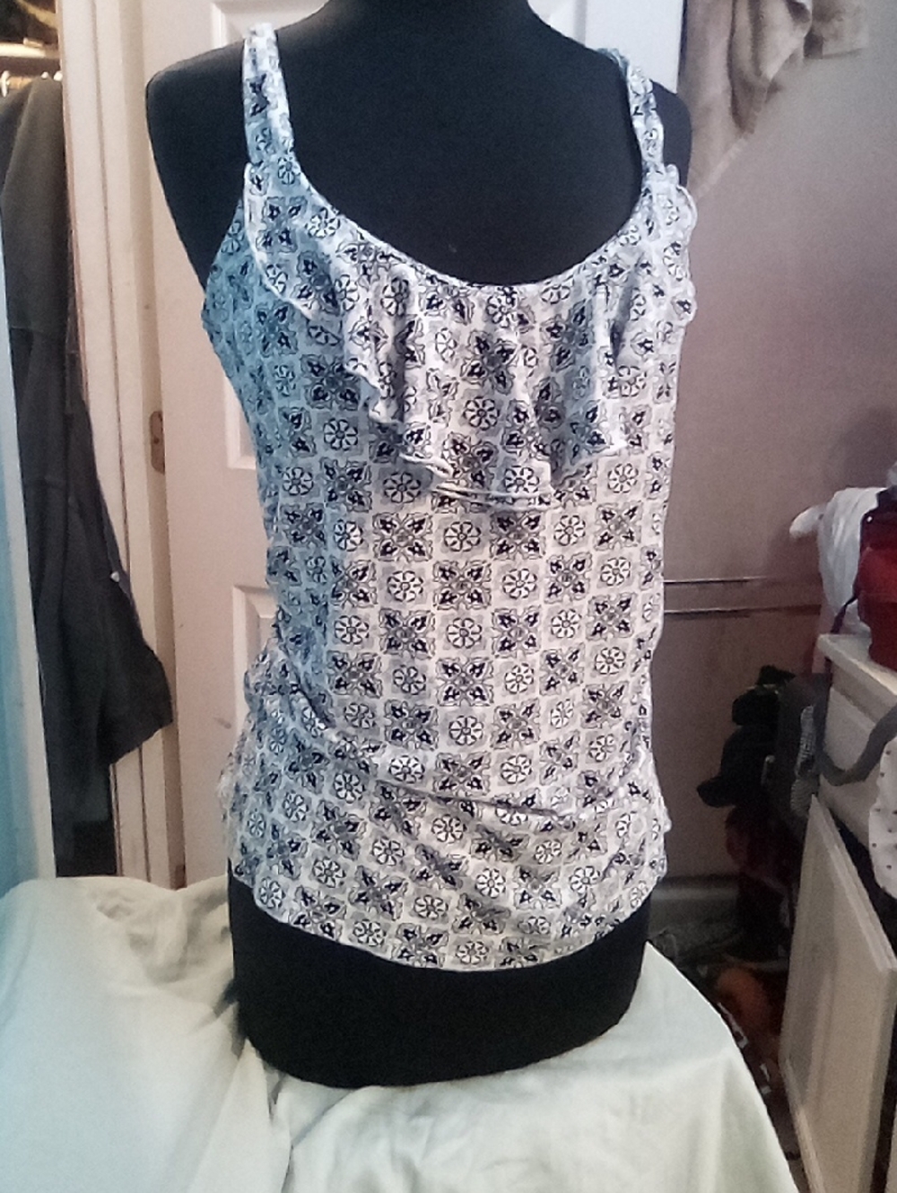 Women's Blue/White Printed Ruffle Tank Top